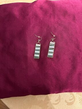 Silver Rectangular Inlay Drop Earrings - Women Jewelry. Green & White.